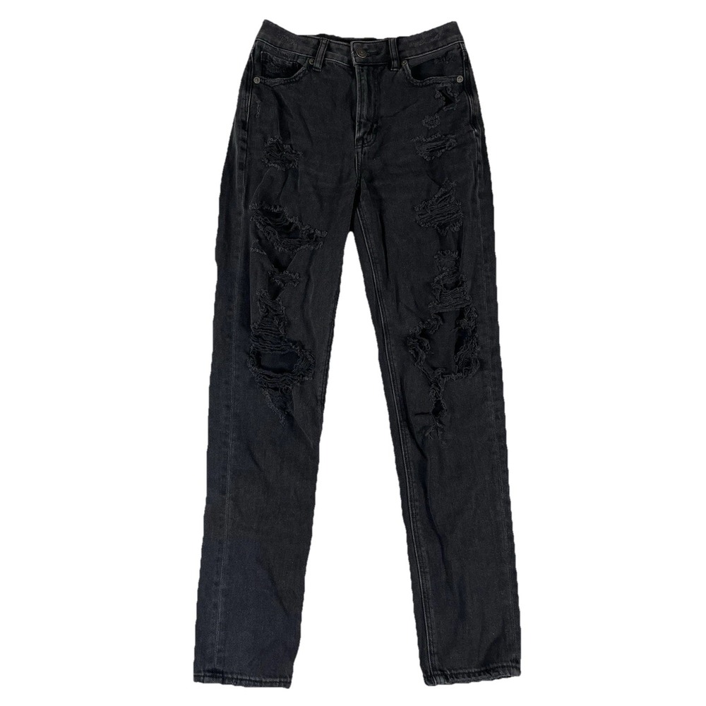 American‎ Eagle Mom Jeans Washed Black Denim Distressed Women's Size 0 (26x28)